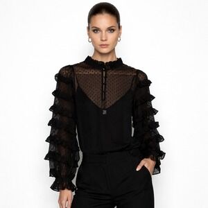 Cleobella Pheobe Black Swiss Dot Ruffle Blouse Boho Whimsigoth Dark Romance S‎